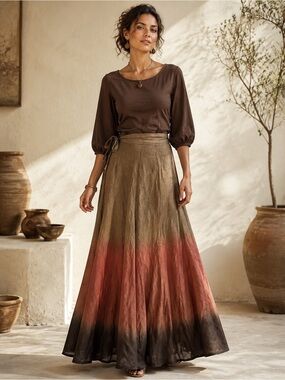 Artisan Ombre Maxi Skirt Adjustable Tie Waist Brown Coral Fully Lined Size 34